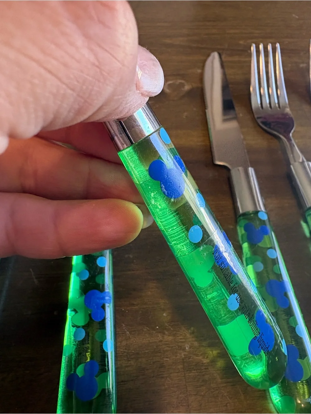 Vintage Mickey Mouse Stainless Steel Flatware Set Green Blue Translucent Logo 6